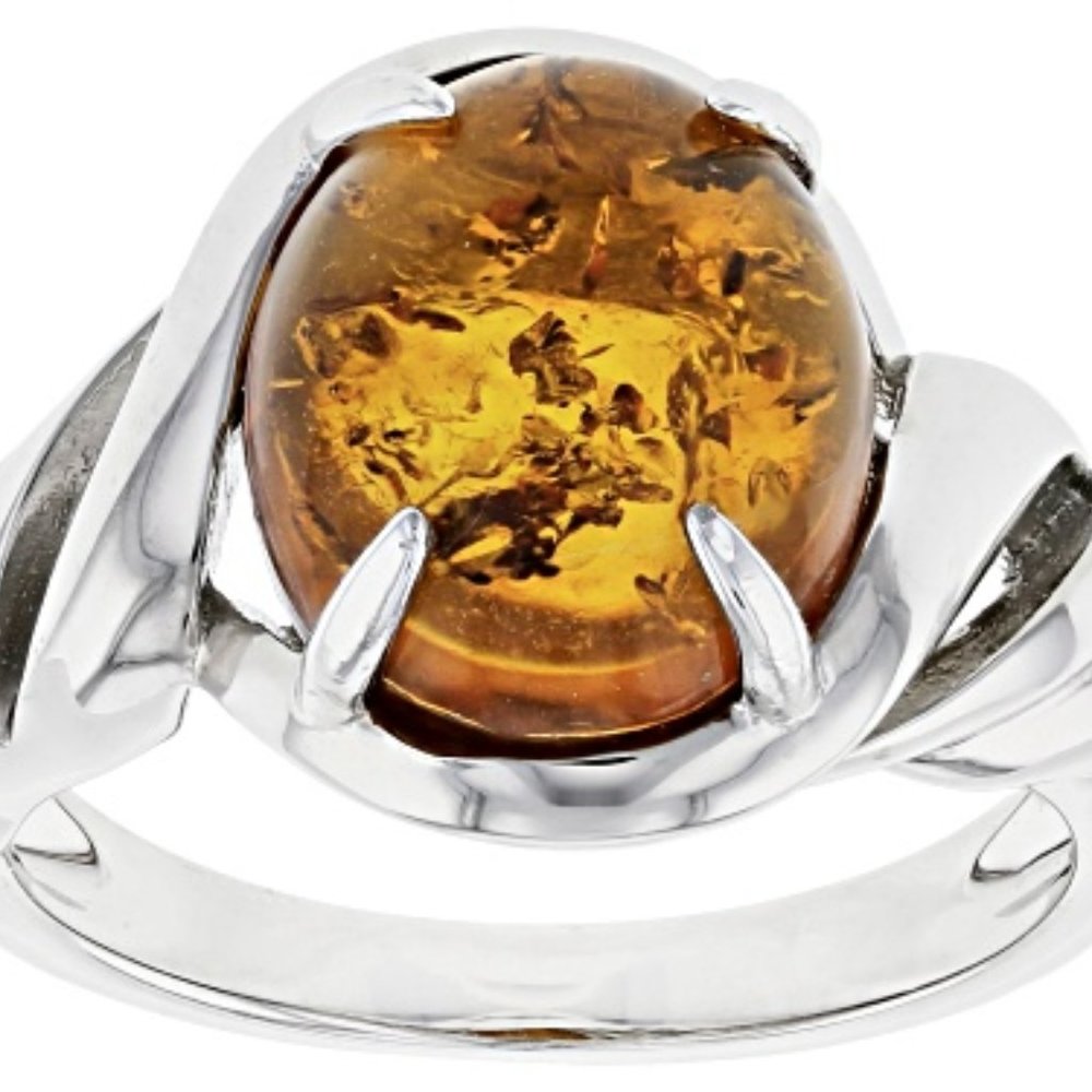12x10mm Oval Cabochon Amber Sterling Silver Solitaire Ring